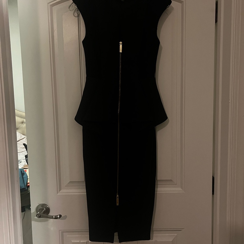 Ted Baker Black Peplum Midi Dress with Gold Zipper